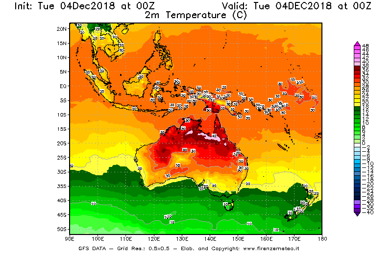 Mappa di analisi GFS - Temperatura a 2 metri dal suolo [°C] in Oceania
							del 04/12/2018 00 <!--googleoff: index-->UTC<!--googleon: index-->