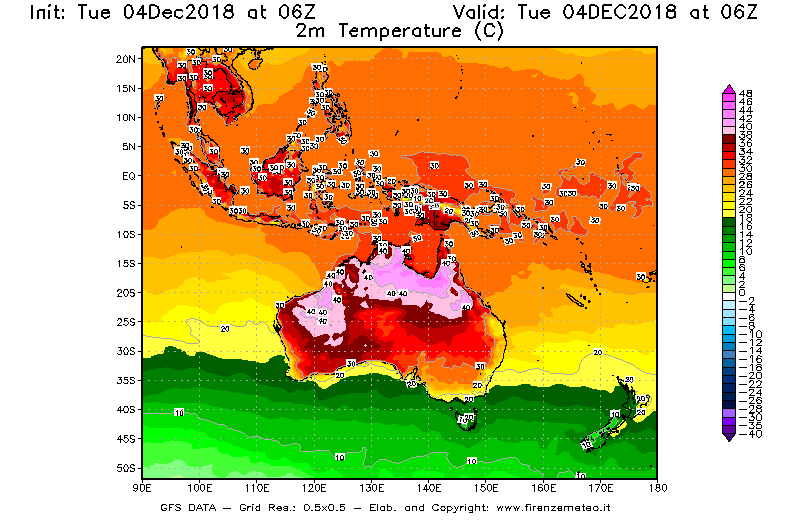 Mappa di analisi GFS - Temperatura a 2 metri dal suolo [°C] in Oceania
							del 04/12/2018 06 <!--googleoff: index-->UTC<!--googleon: index-->