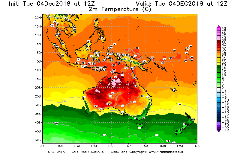 Mappa di analisi GFS - Temperatura a 2 metri dal suolo [°C] in Oceania
							del 04/12/2018 12 <!--googleoff: index-->UTC<!--googleon: index-->
