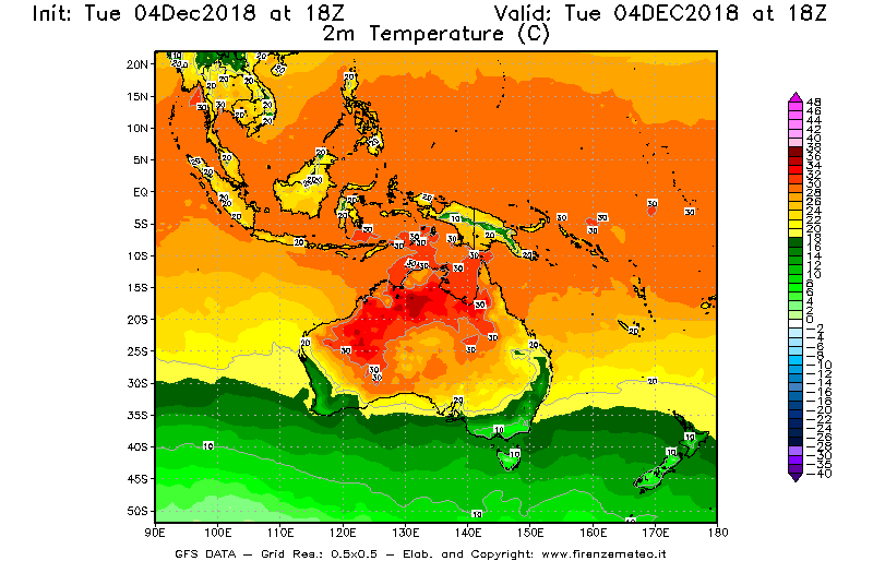 Mappa di analisi GFS - Temperatura a 2 metri dal suolo [°C] in Oceania
							del 04/12/2018 18 <!--googleoff: index-->UTC<!--googleon: index-->