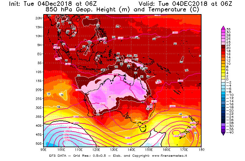 Mappa di analisi GFS - Geopotenziale [m] e Temperatura [°C] a 850 hPa in Oceania
							del 04/12/2018 06 <!--googleoff: index-->UTC<!--googleon: index-->