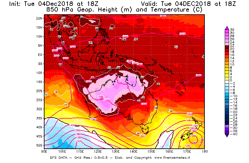 Mappa di analisi GFS - Geopotenziale [m] e Temperatura [°C] a 850 hPa in Oceania
							del 04/12/2018 18 <!--googleoff: index-->UTC<!--googleon: index-->