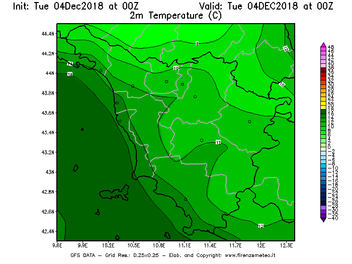 Mappa di analisi GFS - Temperatura a 2 metri dal suolo [°C] in Toscana
							del 04/12/2018 00 <!--googleoff: index-->UTC<!--googleon: index-->