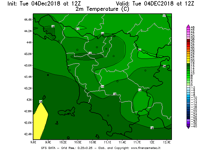 Mappa di analisi GFS - Temperatura a 2 metri dal suolo [°C] in Toscana
							del 04/12/2018 12 <!--googleoff: index-->UTC<!--googleon: index-->