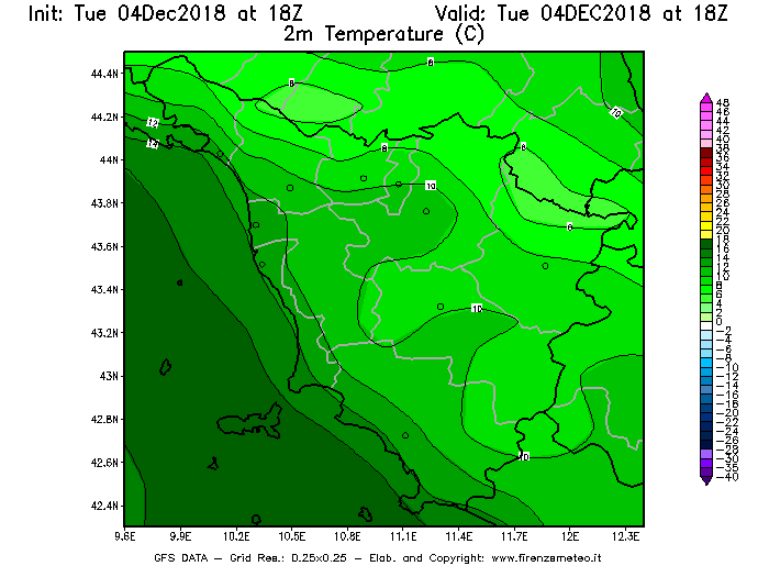 Mappa di analisi GFS - Temperatura a 2 metri dal suolo [°C] in Toscana
							del 04/12/2018 18 <!--googleoff: index-->UTC<!--googleon: index-->