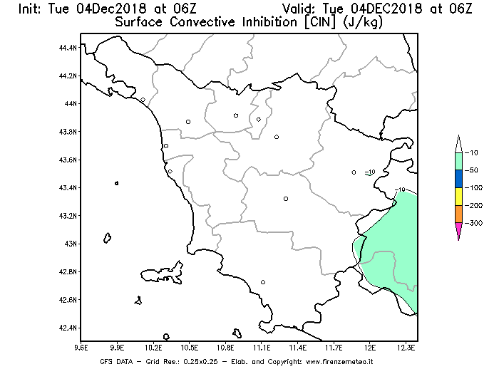 Mappa di analisi GFS - CIN [J/kg] in Toscana
							del 04/12/2018 06 <!--googleoff: index-->UTC<!--googleon: index-->