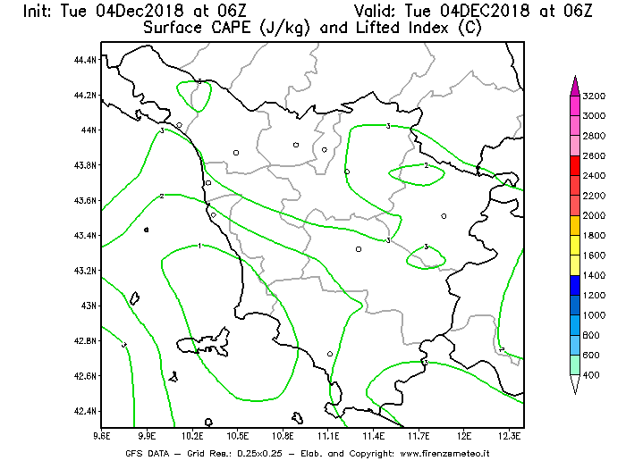 Mappa di analisi GFS - CAPE [J/kg] e Lifted Index [°C] in Toscana
							del 04/12/2018 06 <!--googleoff: index-->UTC<!--googleon: index-->