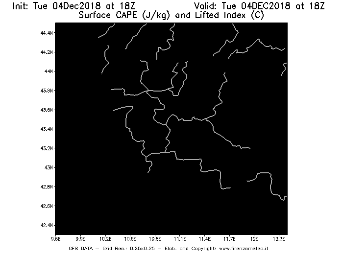 Mappa di analisi GFS - CAPE [J/kg] e Lifted Index [°C] in Toscana
							del 04/12/2018 18 <!--googleoff: index-->UTC<!--googleon: index-->