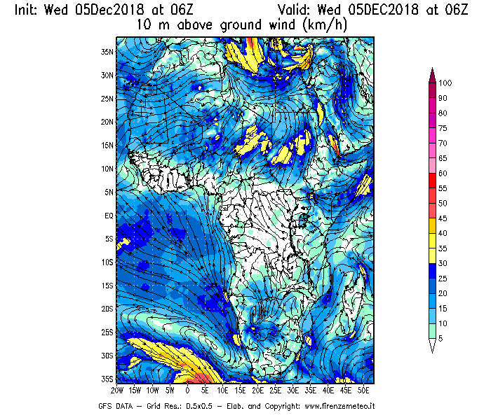 Mappa di analisi GFS - Velocità del vento a 10 metri dal suolo [km/h] in Africa
							del 05/12/2018 06 <!--googleoff: index-->UTC<!--googleon: index-->