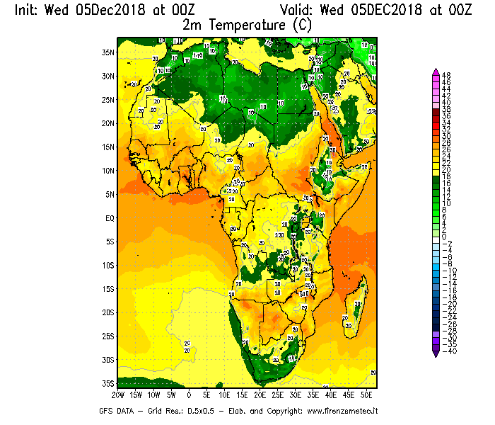 Mappa di analisi GFS - Temperatura a 2 metri dal suolo [°C] in Africa
							del 05/12/2018 00 <!--googleoff: index-->UTC<!--googleon: index-->