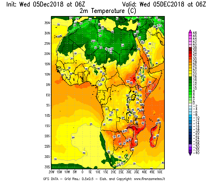 Mappa di analisi GFS - Temperatura a 2 metri dal suolo [°C] in Africa
									del 05/12/2018 06 <!--googleoff: index-->UTC<!--googleon: index-->
