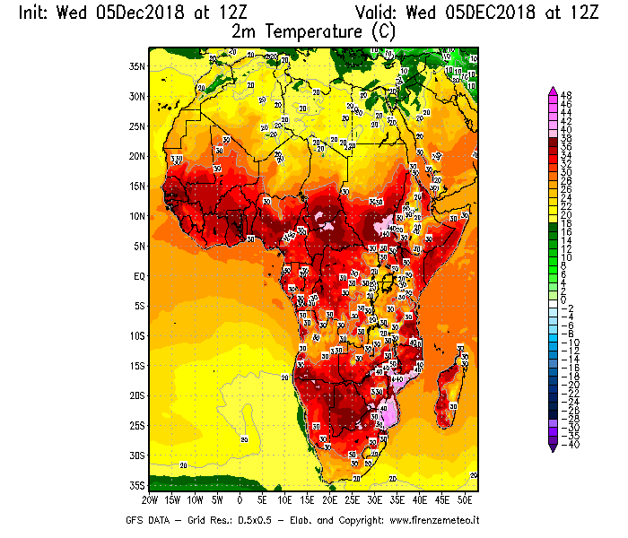 Mappa di analisi GFS - Temperatura a 2 metri dal suolo [°C] in Africa
							del 05/12/2018 12 <!--googleoff: index-->UTC<!--googleon: index-->