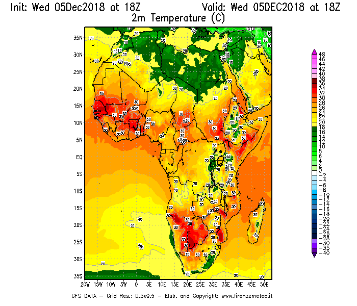 Mappa di analisi GFS - Temperatura a 2 metri dal suolo [°C] in Africa
									del 05/12/2018 18 <!--googleoff: index-->UTC<!--googleon: index-->