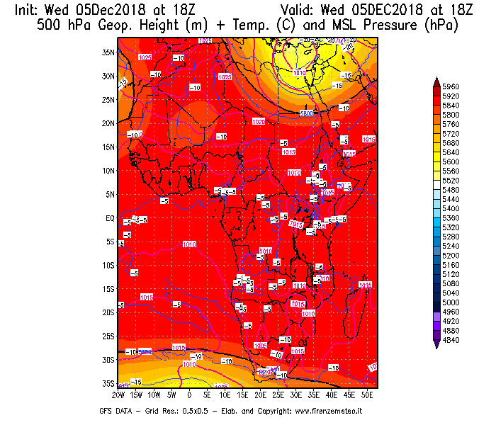 Mappa di analisi GFS - Geopotenziale [m] + Temp. [°C] a 500 hPa + Press. a livello del mare [hPa] in Africa
							del 05/12/2018 18 <!--googleoff: index-->UTC<!--googleon: index-->