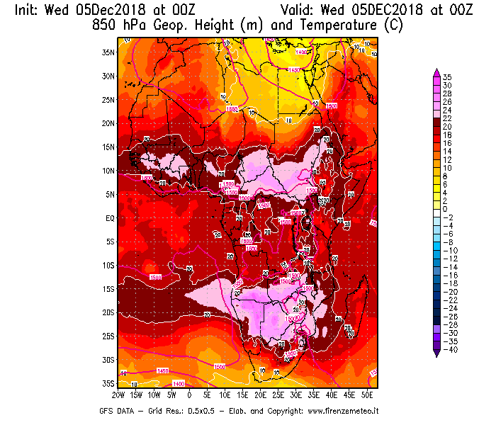 Mappa di analisi GFS - Geopotenziale [m] e Temperatura [°C] a 850 hPa in Africa
							del 05/12/2018 00 <!--googleoff: index-->UTC<!--googleon: index-->