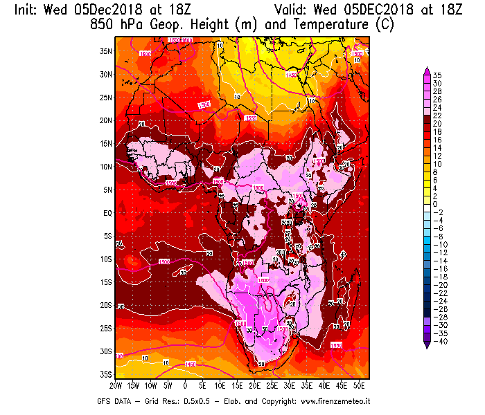 Mappa di analisi GFS - Geopotenziale [m] e Temperatura [°C] a 850 hPa in Africa
							del 05/12/2018 18 <!--googleoff: index-->UTC<!--googleon: index-->
