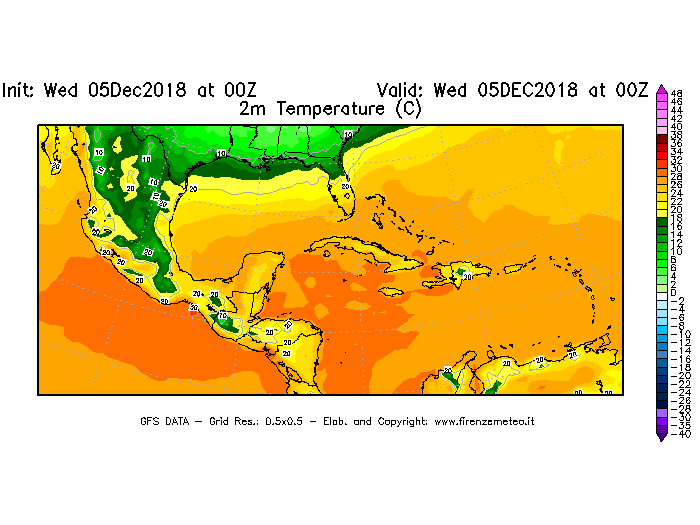 Mappa di analisi GFS - Temperatura a 2 metri dal suolo [°C] in Centro-America
									del 05/12/2018 00 <!--googleoff: index-->UTC<!--googleon: index-->