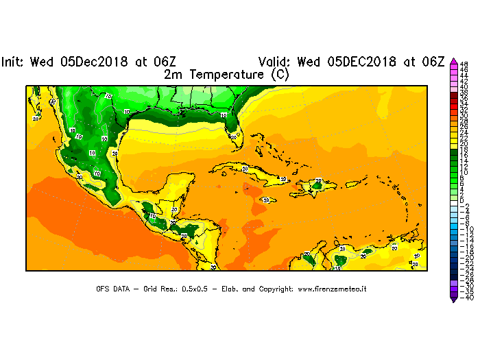 Mappa di analisi GFS - Temperatura a 2 metri dal suolo [°C] in Centro-America
									del 05/12/2018 06 <!--googleoff: index-->UTC<!--googleon: index-->