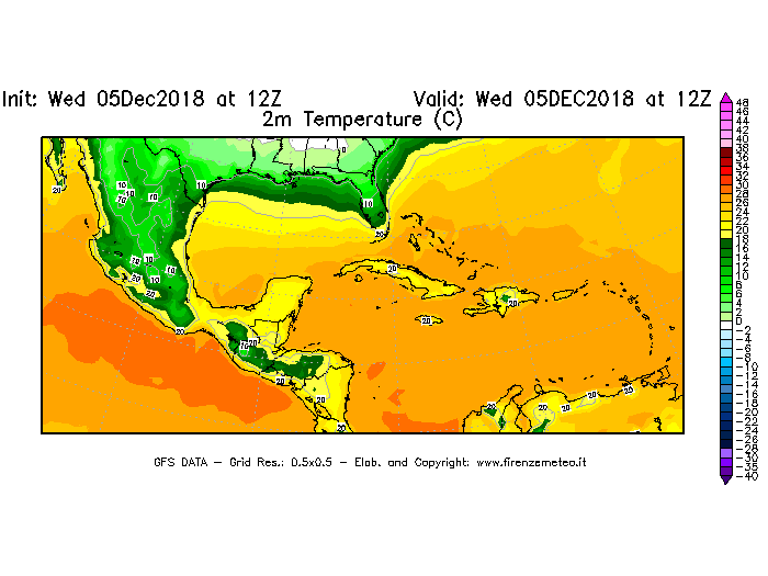 Mappa di analisi GFS - Temperatura a 2 metri dal suolo [°C] in Centro-America
							del 05/12/2018 12 <!--googleoff: index-->UTC<!--googleon: index-->