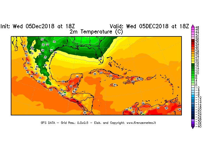 Mappa di analisi GFS - Temperatura a 2 metri dal suolo [°C] in Centro-America
									del 05/12/2018 18 <!--googleoff: index-->UTC<!--googleon: index-->