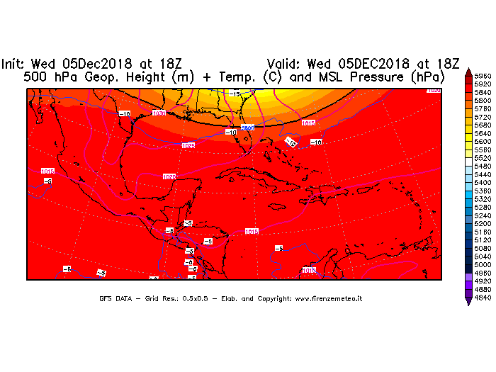 Mappa di analisi GFS - Geopotenziale [m] + Temp. [°C] a 500 hPa + Press. a livello del mare [hPa] in Centro-America
							del 05/12/2018 18 <!--googleoff: index-->UTC<!--googleon: index-->