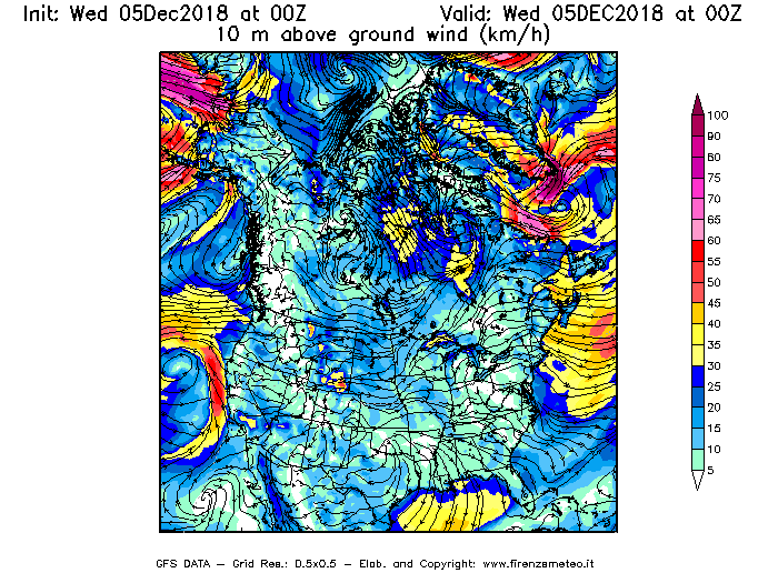 Mappa di analisi GFS - Velocità del vento a 10 metri dal suolo [km/h] in Nord-America
									del 05/12/2018 00 <!--googleoff: index-->UTC<!--googleon: index-->