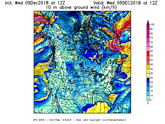 Mappa di analisi GFS - Velocità del vento a 10 metri dal suolo [km/h] in Nord-America
							del 05/12/2018 12 <!--googleoff: index-->UTC<!--googleon: index-->