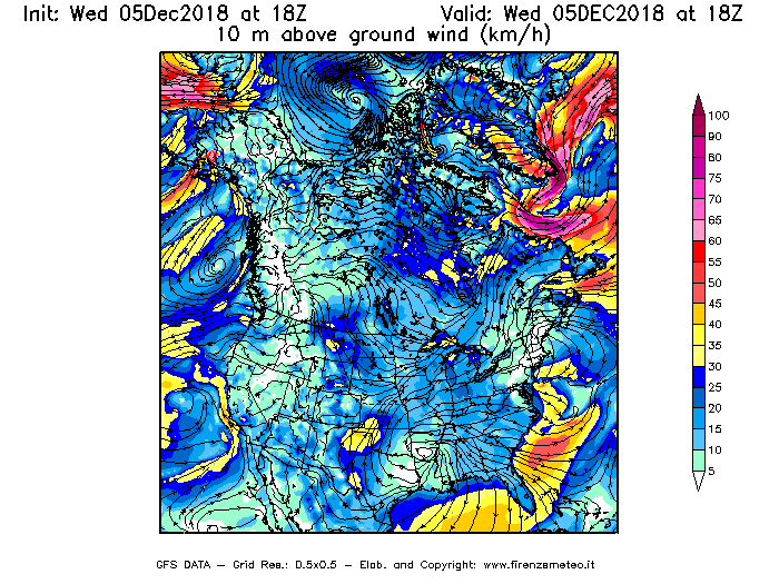 Mappa di analisi GFS - Velocità del vento a 10 metri dal suolo [km/h] in Nord-America
							del 05/12/2018 18 <!--googleoff: index-->UTC<!--googleon: index-->