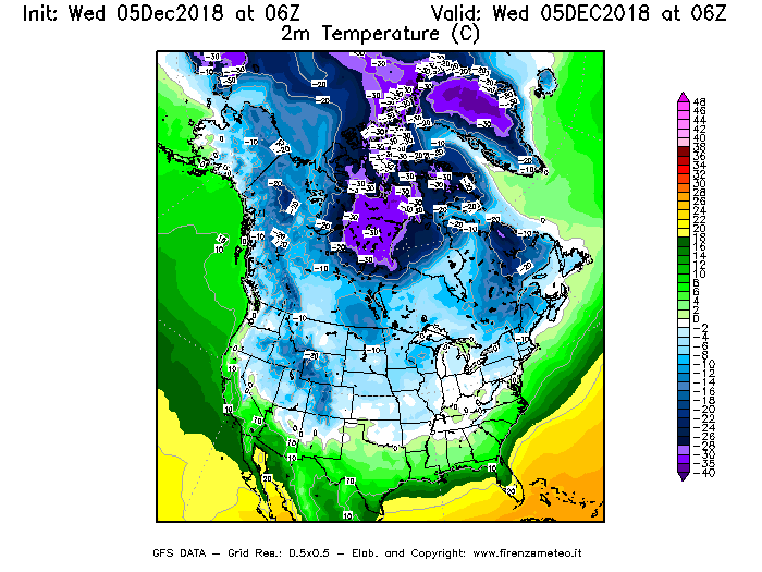 Mappa di analisi GFS - Temperatura a 2 metri dal suolo [°C] in Nord-America
							del 05/12/2018 06 <!--googleoff: index-->UTC<!--googleon: index-->