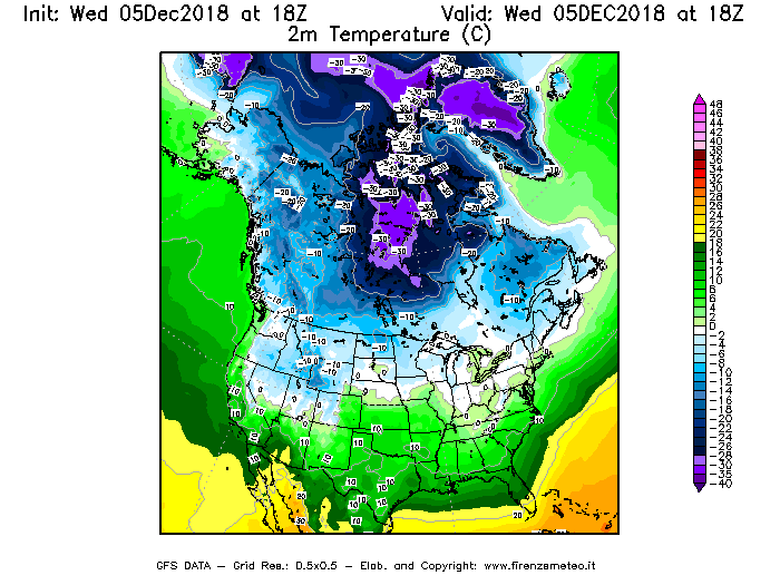 Mappa di analisi GFS - Temperatura a 2 metri dal suolo [°C] in Nord-America
									del 05/12/2018 18 <!--googleoff: index-->UTC<!--googleon: index-->