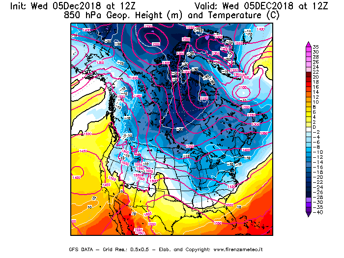 Mappa di analisi GFS - Geopotenziale [m] e Temperatura [°C] a 850 hPa in Nord-America
									del 05/12/2018 12 <!--googleoff: index-->UTC<!--googleon: index-->