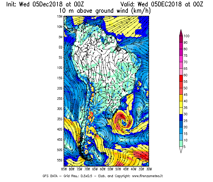 Mappa di analisi GFS - Velocità del vento a 10 metri dal suolo [km/h] in Sud-America
							del 05/12/2018 00 <!--googleoff: index-->UTC<!--googleon: index-->