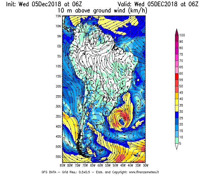 Mappa di analisi GFS - Velocità del vento a 10 metri dal suolo [km/h] in Sud-America
									del 05/12/2018 06 <!--googleoff: index-->UTC<!--googleon: index-->