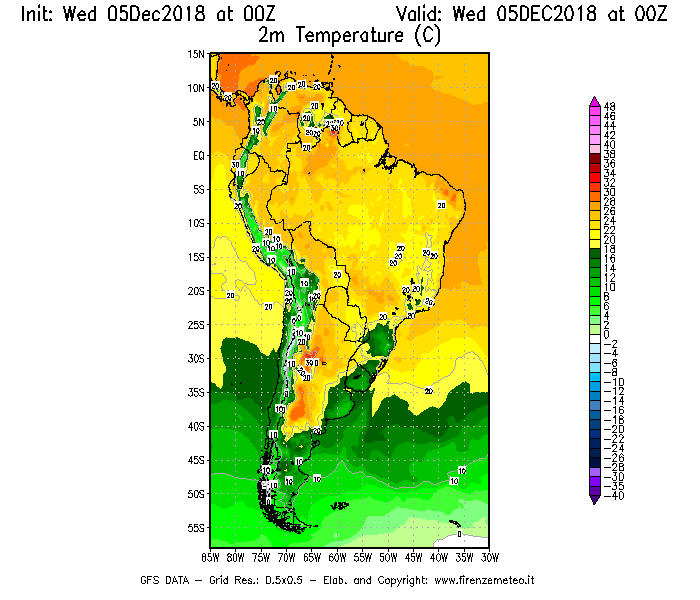 Mappa di analisi GFS - Temperatura a 2 metri dal suolo [°C] in Sud-America
									del 05/12/2018 00 <!--googleoff: index-->UTC<!--googleon: index-->