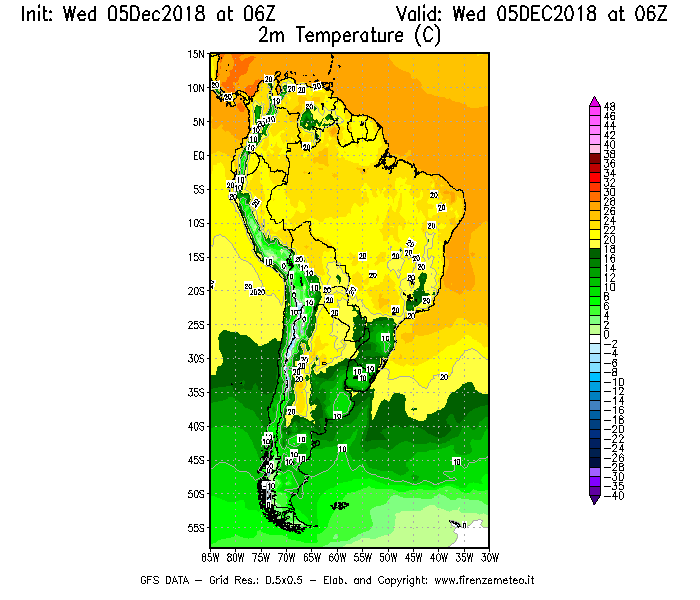 Mappa di analisi GFS - Temperatura a 2 metri dal suolo [°C] in Sud-America
									del 05/12/2018 06 <!--googleoff: index-->UTC<!--googleon: index-->