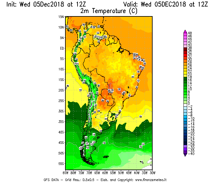 Mappa di analisi GFS - Temperatura a 2 metri dal suolo [°C] in Sud-America
									del 05/12/2018 12 <!--googleoff: index-->UTC<!--googleon: index-->