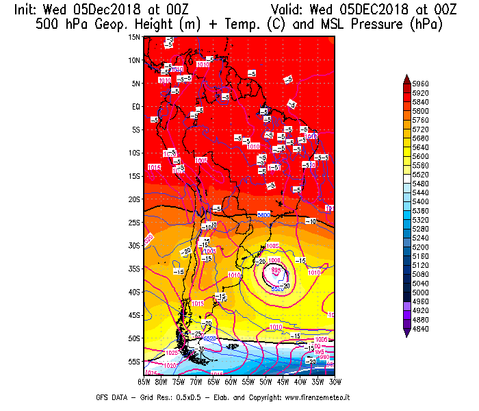 Mappa di analisi GFS - Geopotenziale [m] + Temp. [°C] a 500 hPa + Press. a livello del mare [hPa] in Sud-America
									del 05/12/2018 00 <!--googleoff: index-->UTC<!--googleon: index-->
