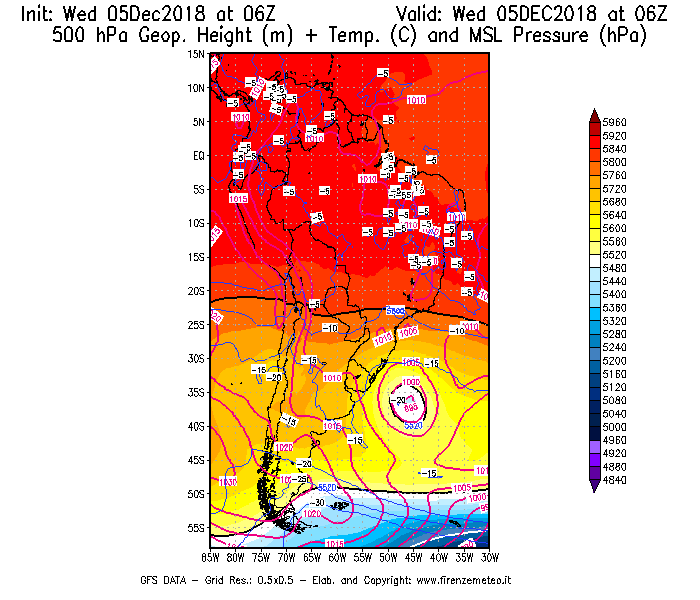 Mappa di analisi GFS - Geopotenziale [m] + Temp. [°C] a 500 hPa + Press. a livello del mare [hPa] in Sud-America
							del 05/12/2018 06 <!--googleoff: index-->UTC<!--googleon: index-->