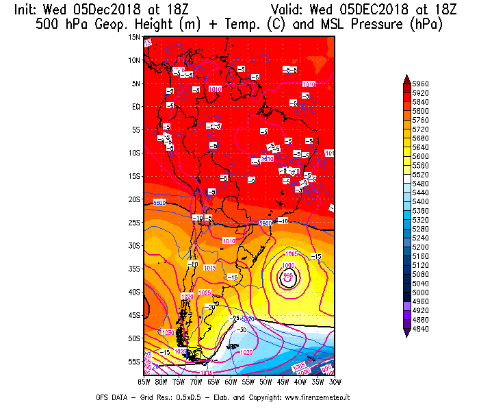 Mappa di analisi GFS - Geopotenziale [m] + Temp. [°C] a 500 hPa + Press. a livello del mare [hPa] in Sud-America
							del 05/12/2018 18 <!--googleoff: index-->UTC<!--googleon: index-->