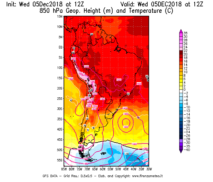 Mappa di analisi GFS - Geopotenziale [m] e Temperatura [°C] a 850 hPa in Sud-America
							del 05/12/2018 12 <!--googleoff: index-->UTC<!--googleon: index-->