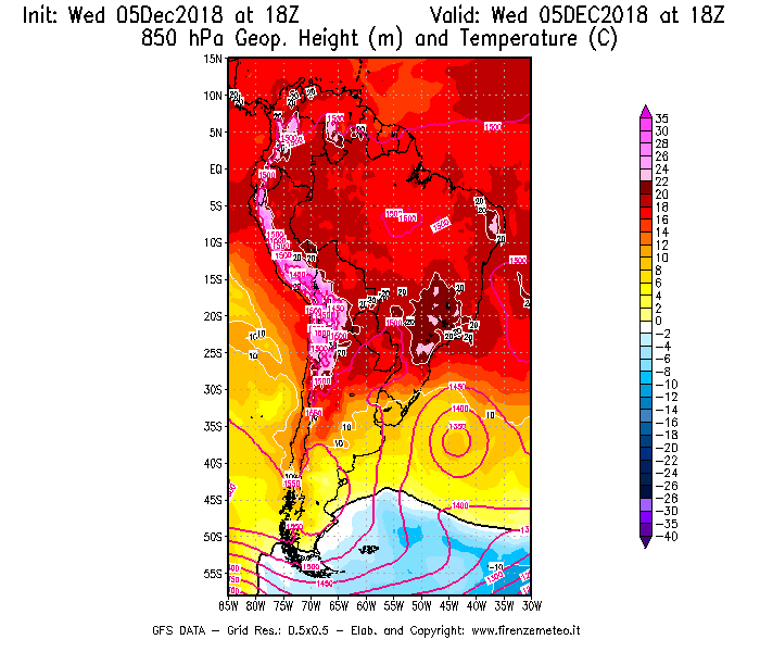 Mappa di analisi GFS - Geopotenziale [m] e Temperatura [°C] a 850 hPa in Sud-America
									del 05/12/2018 18 <!--googleoff: index-->UTC<!--googleon: index-->