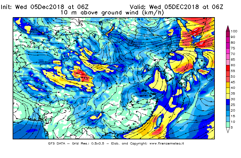 Mappa di analisi GFS - Velocità del vento a 10 metri dal suolo [km/h] in Asia Orientale
							del 05/12/2018 06 <!--googleoff: index-->UTC<!--googleon: index-->