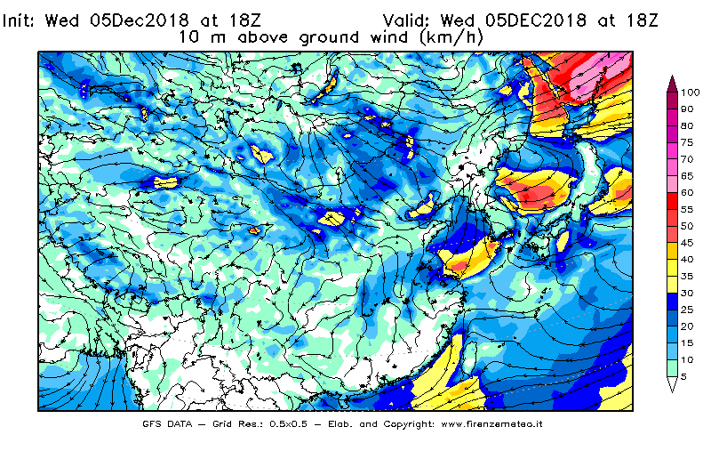 Mappa di analisi GFS - Velocità del vento a 10 metri dal suolo [km/h] in Asia Orientale
									del 05/12/2018 18 <!--googleoff: index-->UTC<!--googleon: index-->