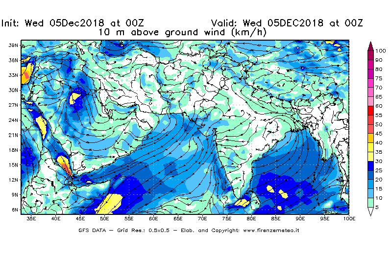Mappa di analisi GFS - Velocità del vento a 10 metri dal suolo [km/h] in Asia Sud-Occidentale
									del 05/12/2018 00 <!--googleoff: index-->UTC<!--googleon: index-->