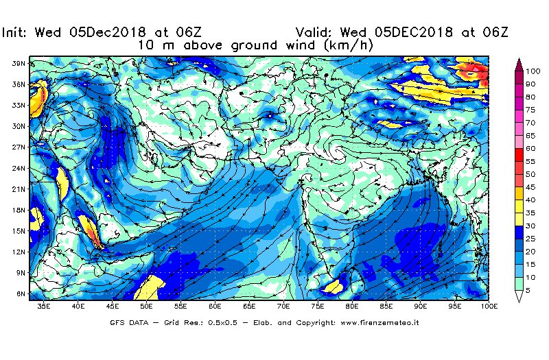 Mappa di analisi GFS - Velocità del vento a 10 metri dal suolo [km/h] in Asia Sud-Occidentale
									del 05/12/2018 06 <!--googleoff: index-->UTC<!--googleon: index-->