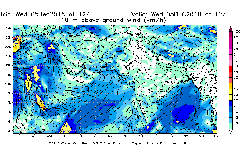 Mappa di analisi GFS - Velocità del vento a 10 metri dal suolo [km/h] in Asia Sud-Occidentale
									del 05/12/2018 12 <!--googleoff: index-->UTC<!--googleon: index-->