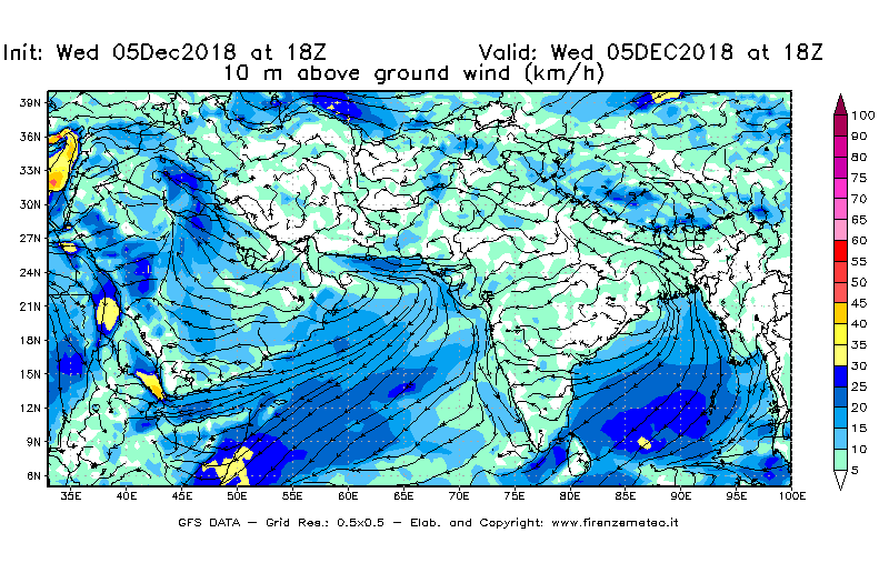 Mappa di analisi GFS - Velocità del vento a 10 metri dal suolo [km/h] in Asia Sud-Occidentale
							del 05/12/2018 18 <!--googleoff: index-->UTC<!--googleon: index-->