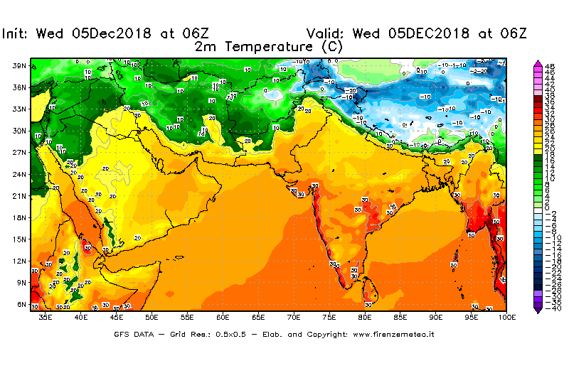 Mappa di analisi GFS - Temperatura a 2 metri dal suolo [°C] in Asia Sud-Occidentale
							del 05/12/2018 06 <!--googleoff: index-->UTC<!--googleon: index-->