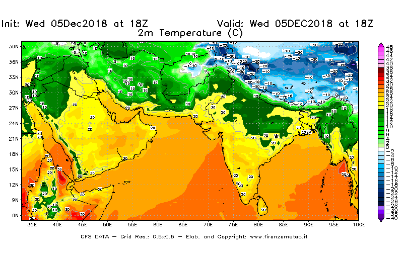 Mappa di analisi GFS - Temperatura a 2 metri dal suolo [°C] in Asia Sud-Occidentale
									del 05/12/2018 18 <!--googleoff: index-->UTC<!--googleon: index-->