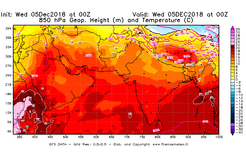 Mappa di analisi GFS - Geopotenziale [m] e Temperatura [°C] a 850 hPa in Asia Sud-Occidentale
									del 05/12/2018 00 <!--googleoff: index-->UTC<!--googleon: index-->
